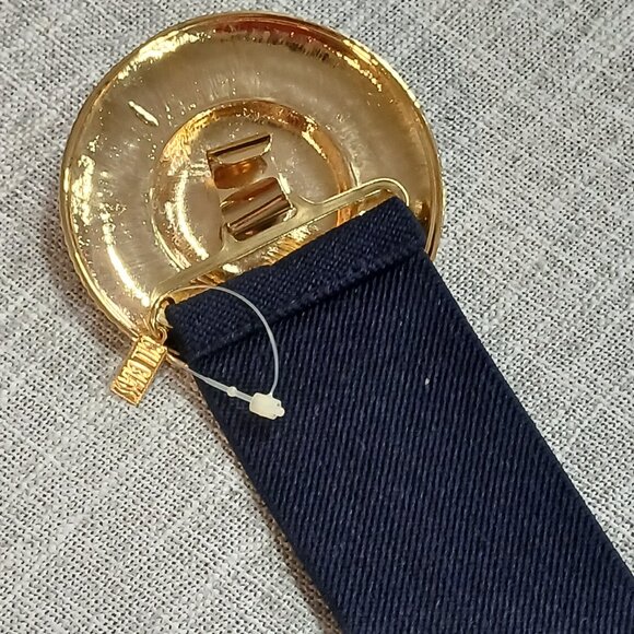 Vintage Bill Blass Round Medallion Elastic Stretch Belt 1990's Navy Blue Gold - Picture 4 of 6